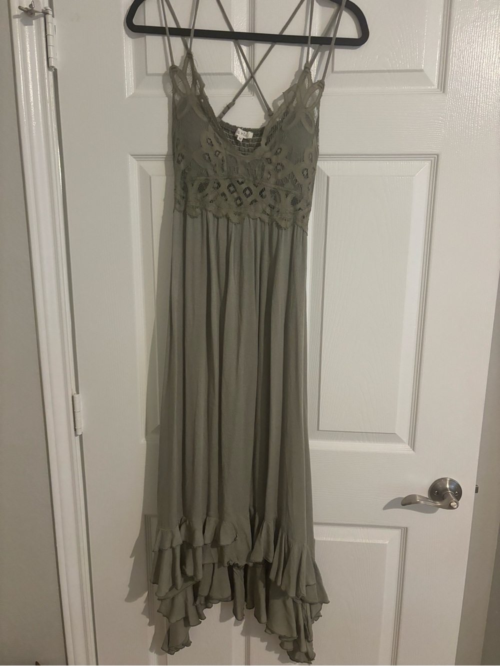 LA MIEL Olive Green Crochet Bodice High-Low Maxi Dress